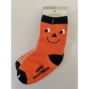 Carter’s Orange Pumpkin Striped Happy Halloween Crew Socks 2 Pairs Size 12-24M